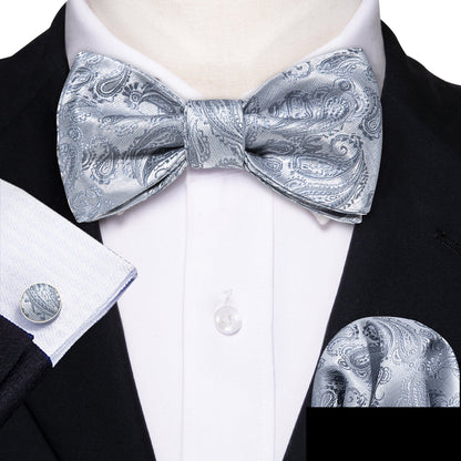 Silver Paisley Paisley Bow Tie Set bow ties    - Sophisticated Gentlemen