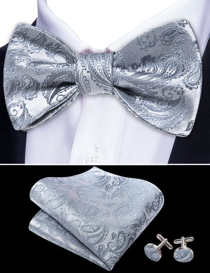 Silver Paisley Paisley Bow Tie Set bow ties    - Sophisticated Gentlemen