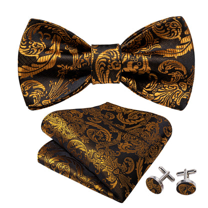 Gold Black Paisley Silk Bow Tie Set bow ties    - Sophisticated Gentlemen