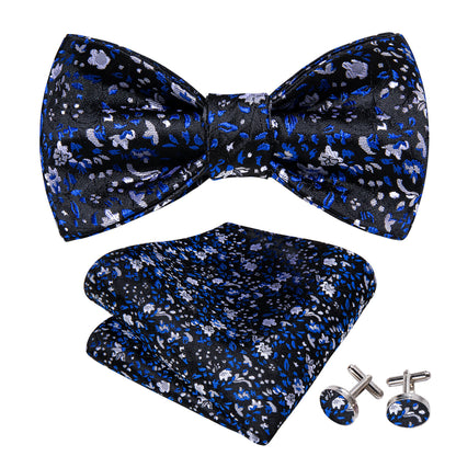 Black Blue Flower Silk Bow Tie Set bow ties    - Sophisticated Gentlemen
