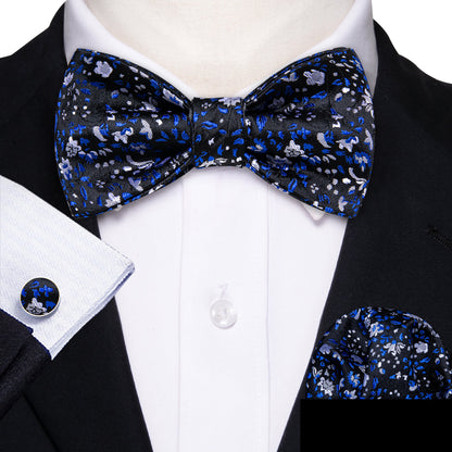 Black Blue Flower Silk Bow Tie Set bow ties    - Sophisticated Gentlemen