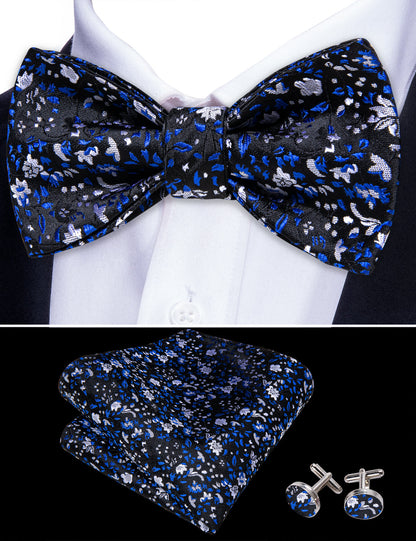 Black Blue Flower Silk Bow Tie Set bow ties    - Sophisticated Gentlemen