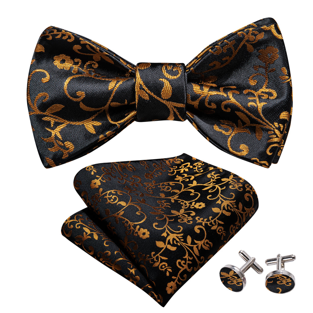 Black and Gold Floral Silk Bow Tie Set bow ties - Sophisticated Gentlemen
