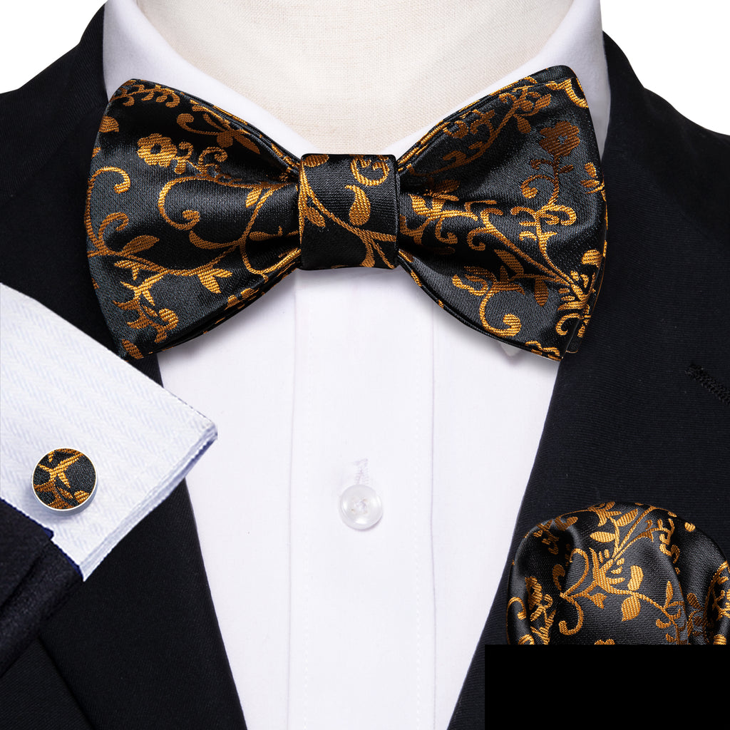 Black and Gold Floral Silk Bow Tie Set bow ties - Sophisticated Gentlemen