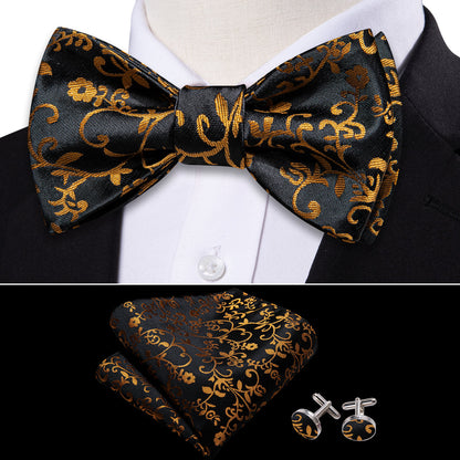 Black and Gold Floral Silk Bow Tie Set bow ties - Sophisticated Gentlemen