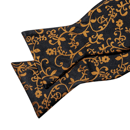 Black and Gold Floral Silk Bow Tie Set bow ties - Sophisticated Gentlemen