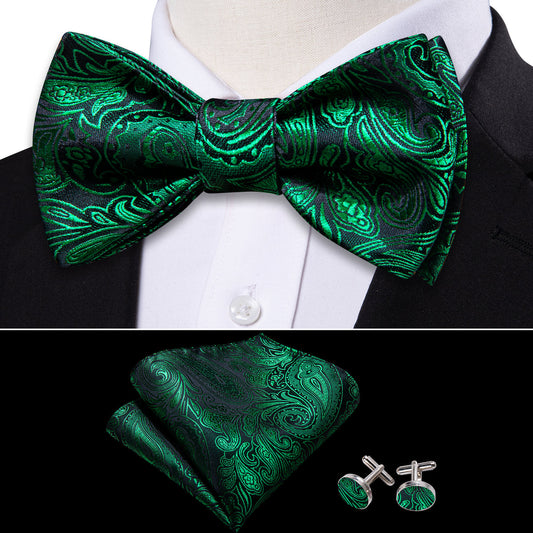 Olive Green Paisley Silk Bow Tie Set bow ties    - Sophisticated Gentlemen