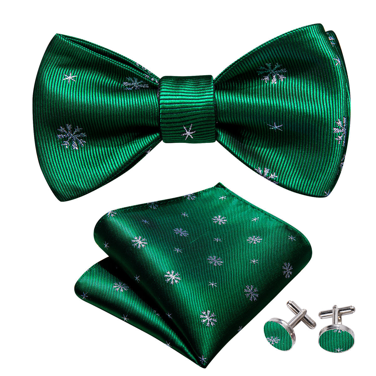 Green & White Snowflake Silk Christmas Bow Tie Set bow ties - Sophisticated Gentlemen