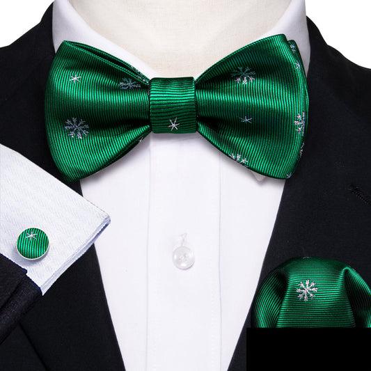 Green & White Snowflake Silk Christmas Bow Tie Set bow ties - Sophisticated Gentlemen
