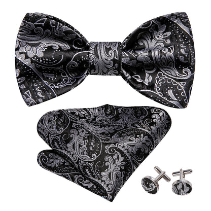 Black Paisley Grey Silk Bow Tie Set bow ties    - Sophisticated Gentlemen