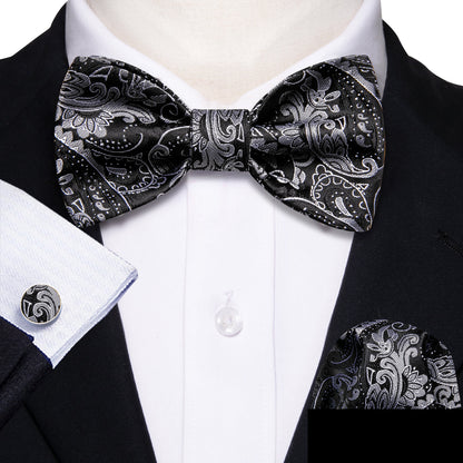 Black Paisley Grey Silk Bow Tie Set bow ties    - Sophisticated Gentlemen