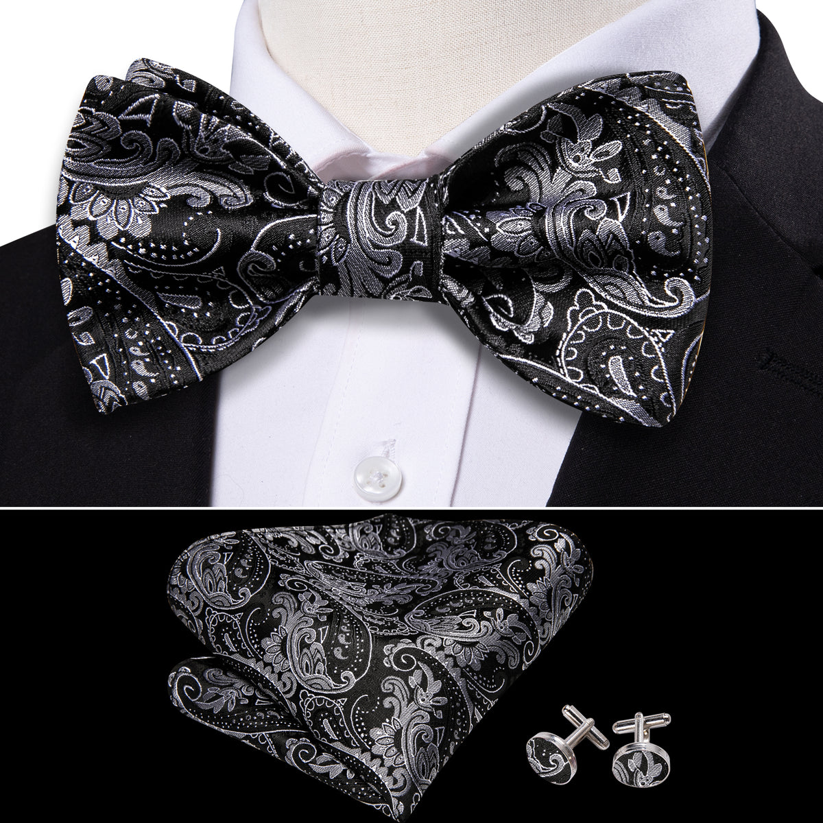 Black Paisley Grey Silk Bow Tie Set bow ties    - Sophisticated Gentlemen