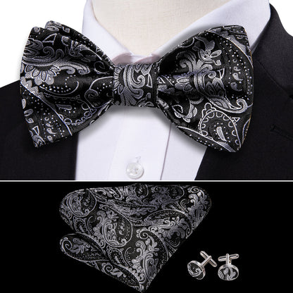 Black Paisley Grey Silk Bow Tie Set bow ties    - Sophisticated Gentlemen