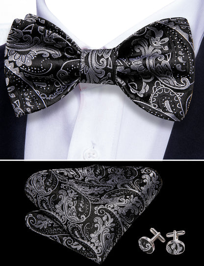 Black Paisley Grey Silk Bow Tie Set bow ties    - Sophisticated Gentlemen