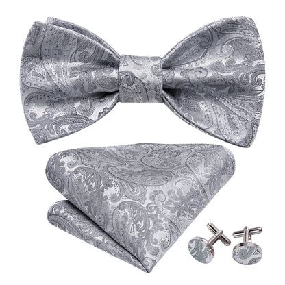 Silver Paisley Solid Bow Tie Set bow ties    - Sophisticated Gentlemen