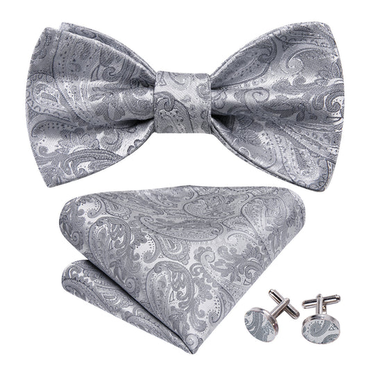 Silver Paisley Solid Bow Tie Set bow ties    - Sophisticated Gentlemen