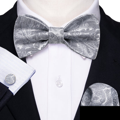 Silver Paisley Solid Bow Tie Set bow ties    - Sophisticated Gentlemen