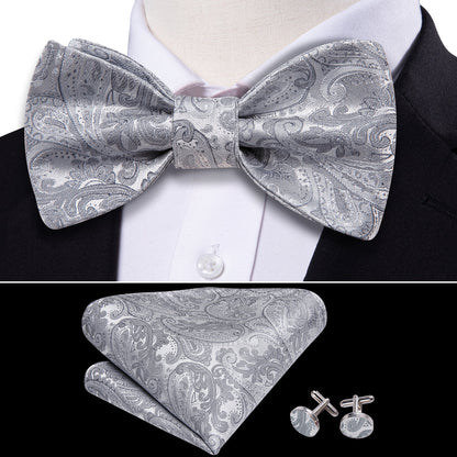 Silver Paisley Solid Bow Tie Set bow ties    - Sophisticated Gentlemen