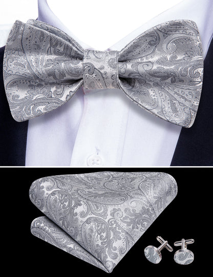Silver Paisley Solid Bow Tie Set bow ties    - Sophisticated Gentlemen