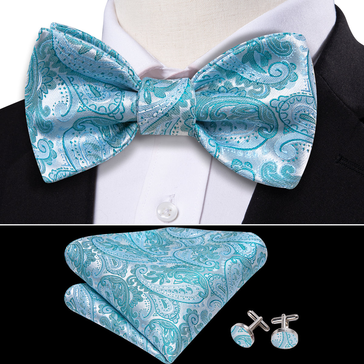 Pale Blue Paisley Bow Tie Set bow ties    - Sophisticated Gentlemen