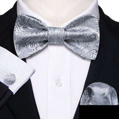 Silver Paisley Bow Tie Set bow ties    - Sophisticated Gentlemen