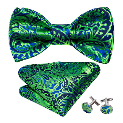 Green Navy Floral Paisley Bow Tie Set bow ties    - Sophisticated Gentlemen