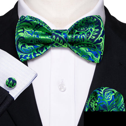 Green Navy Floral Paisley Bow Tie Set bow ties    - Sophisticated Gentlemen