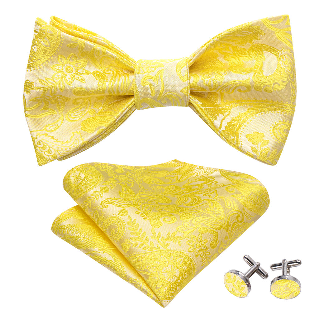 Light Yellow Paisley Silk Bow Tie Set bow ties    - Sophisticated Gentlemen