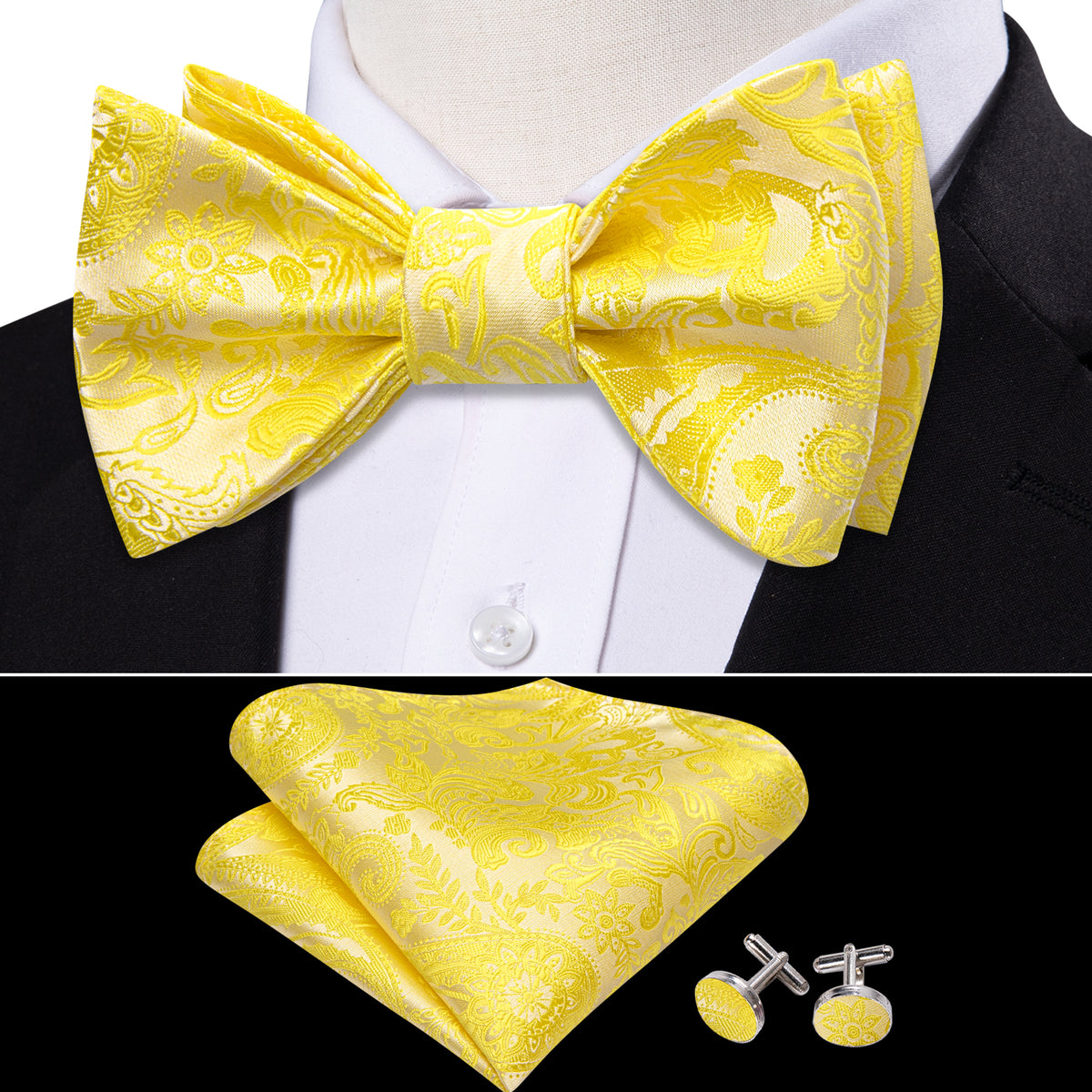 Light Yellow Paisley Silk Bow Tie Set bow ties    - Sophisticated Gentlemen
