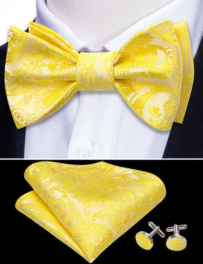 Light Yellow Paisley Silk Bow Tie Set bow ties    - Sophisticated Gentlemen