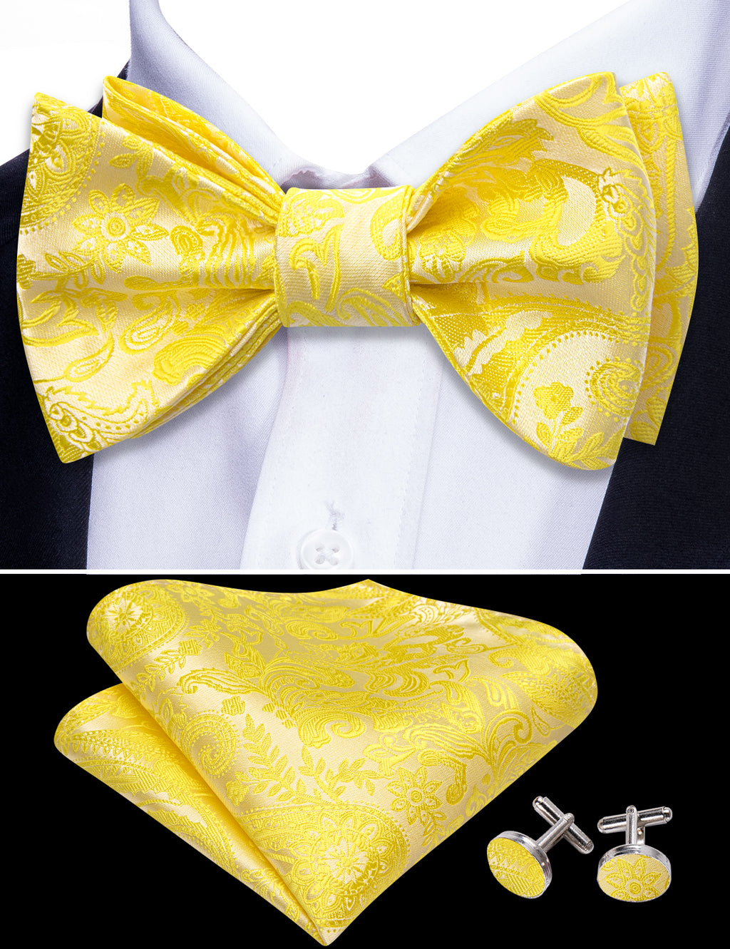Light Yellow Paisley Silk Bow Tie Set bow ties    - Sophisticated Gentlemen