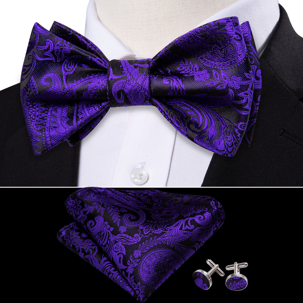 Purple Black Paisley Silk Bow Tie Set bow ties    - Sophisticated Gentlemen