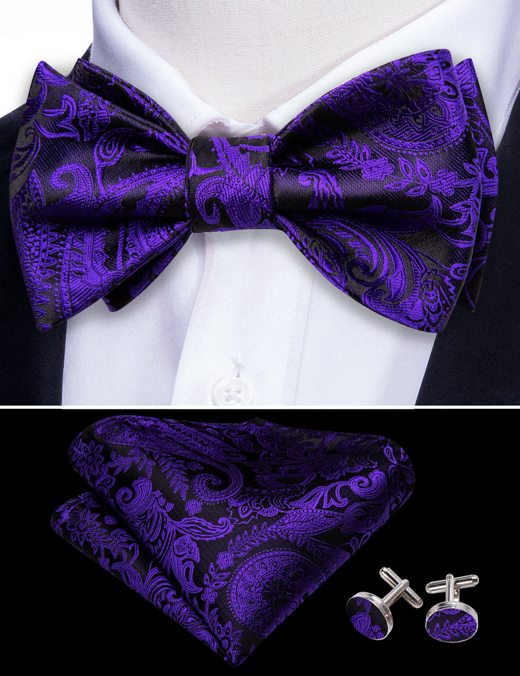 Purple Black Paisley Silk Bow Tie Set bow ties    - Sophisticated Gentlemen