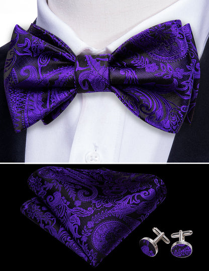 Purple Black Paisley Silk Bow Tie Set bow ties    - Sophisticated Gentlemen