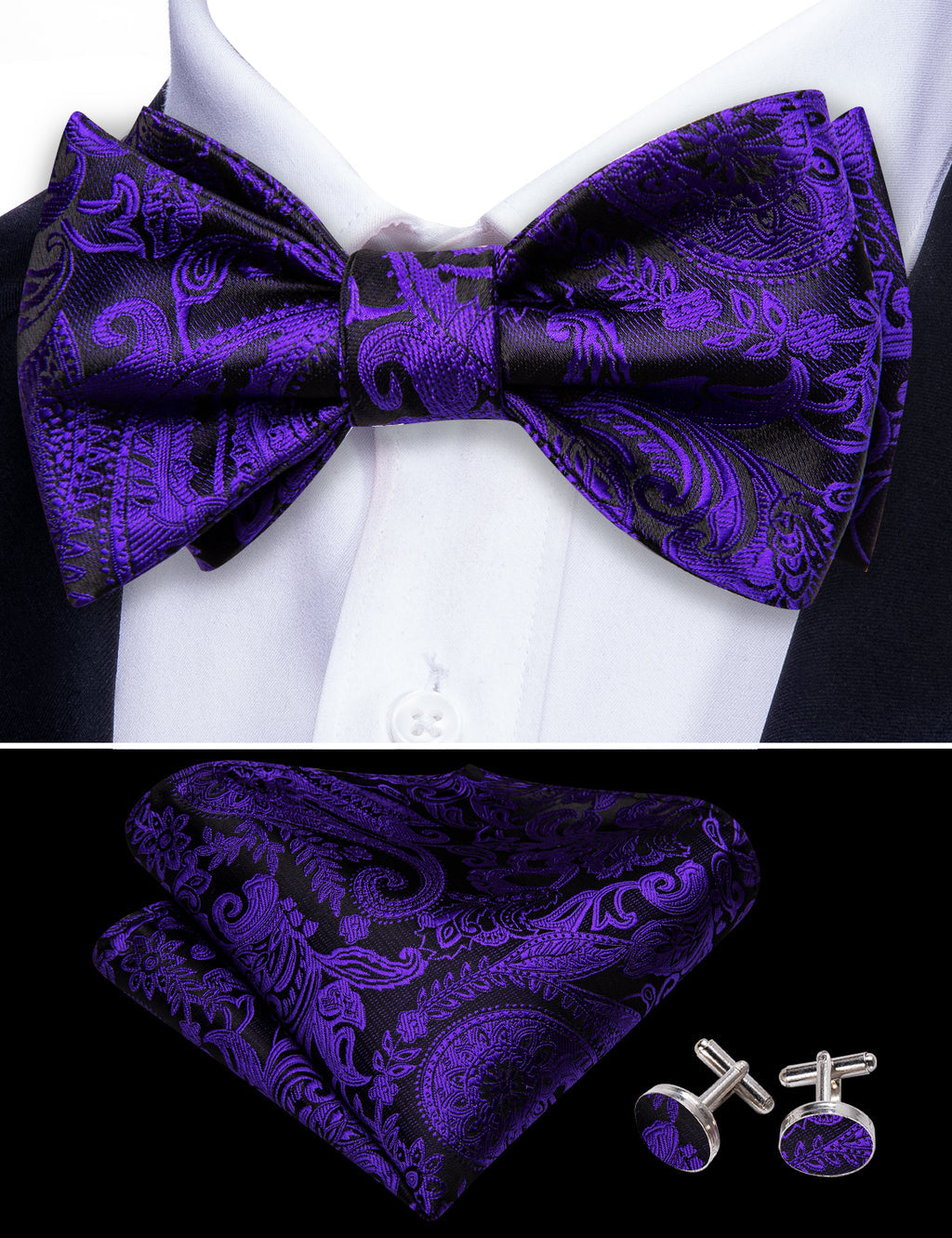Purple Black Paisley Silk Bow Tie Set bow ties    - Sophisticated Gentlemen