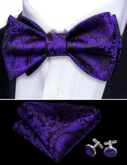 Purple Black Paisley Silk Bow Tie Set bow ties    - Sophisticated Gentlemen