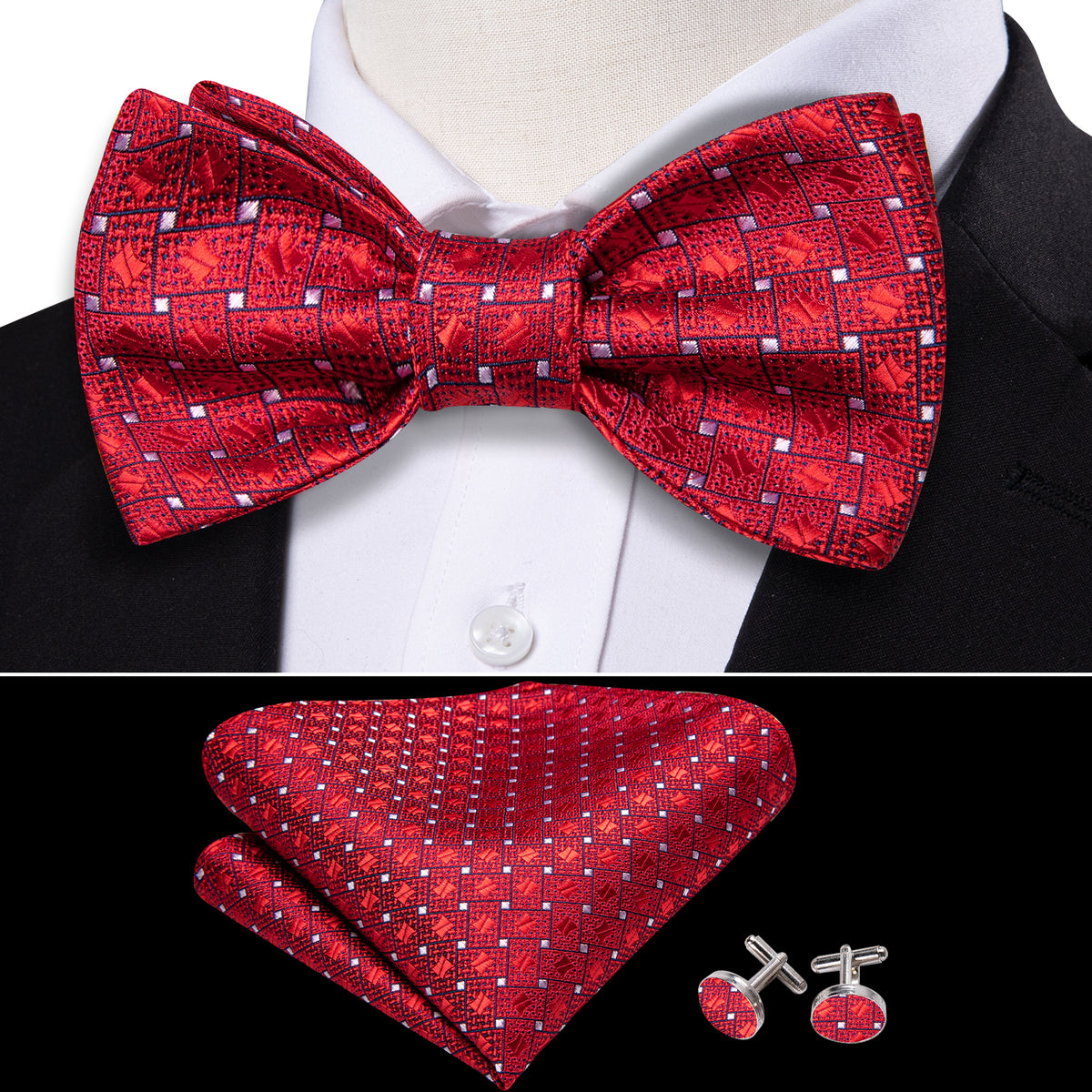 Red and White Plaid Bow Tie Set bow ties - Sophisticated Gentlemen