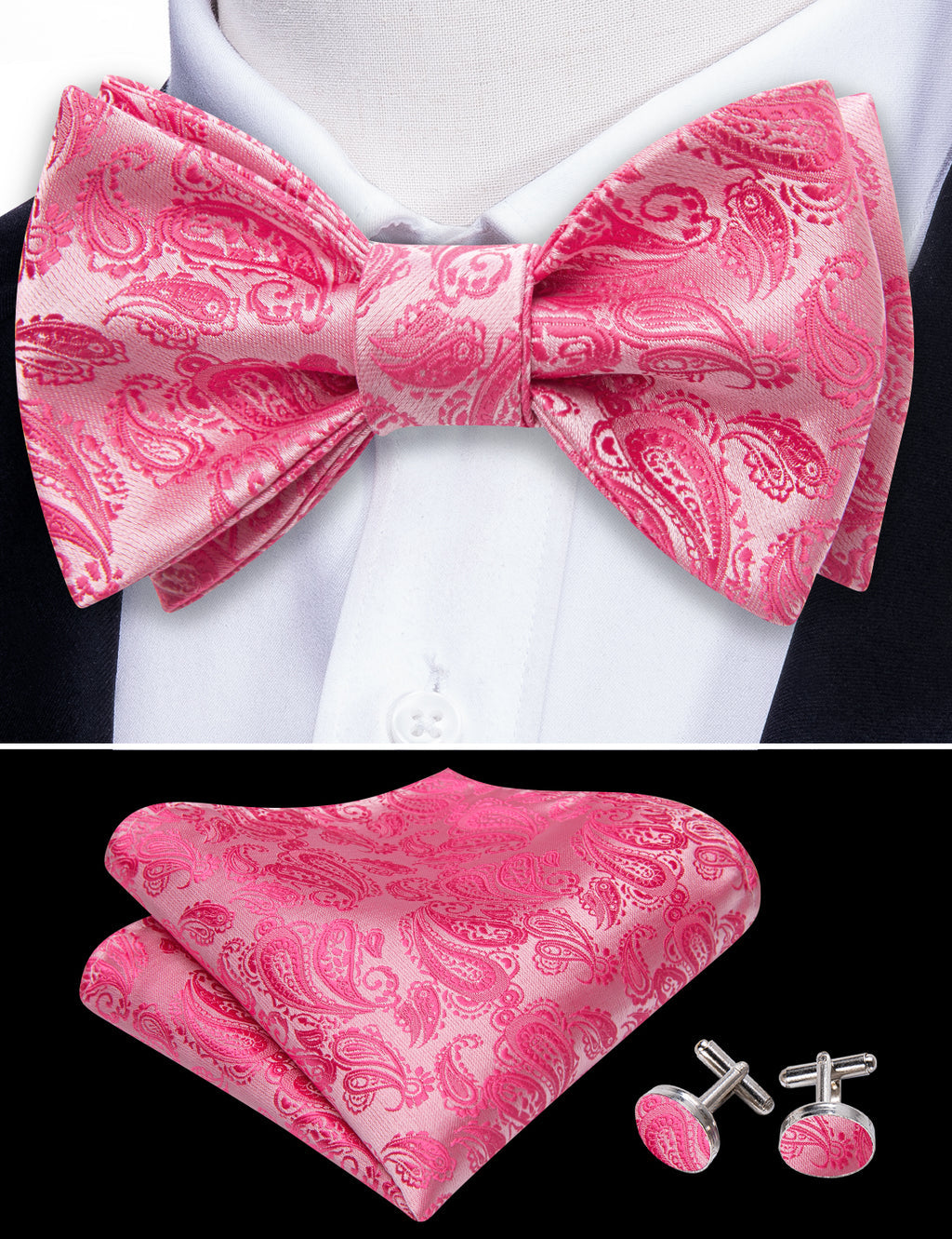 Hot Pink Paisley Silk Bow Tie Set bow ties    - Sophisticated Gentlemen