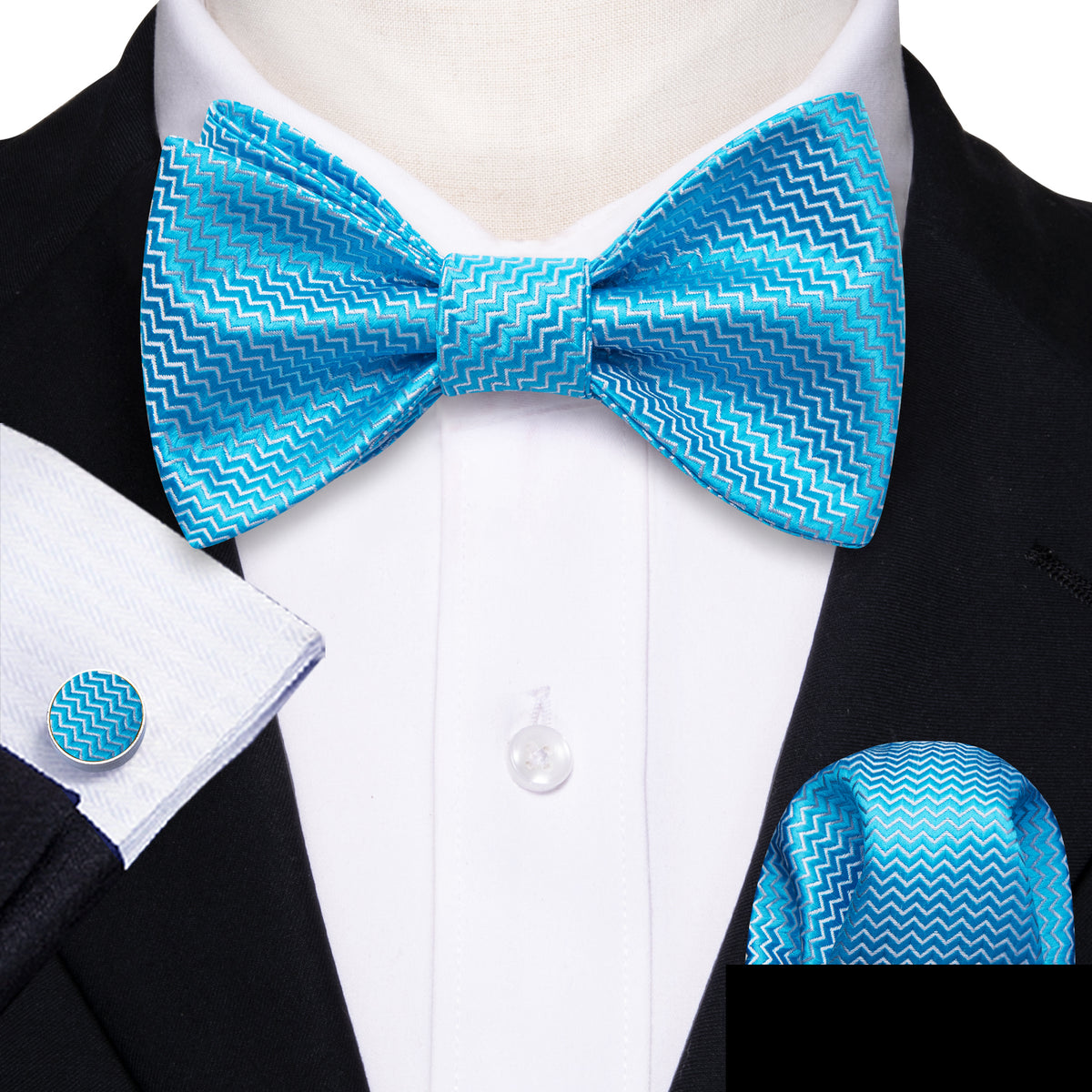 Sky Blue Striped Silk Bow Tie Set bow ties    - Sophisticated Gentlemen