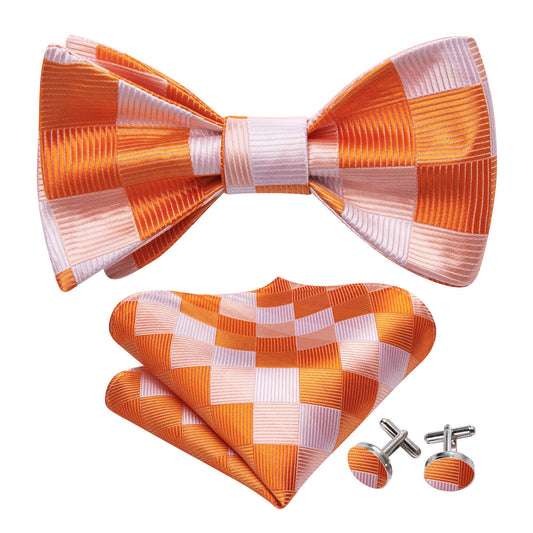 Orange White Plaid Silk Bow Tie Set bow ties    - Sophisticated Gentlemen