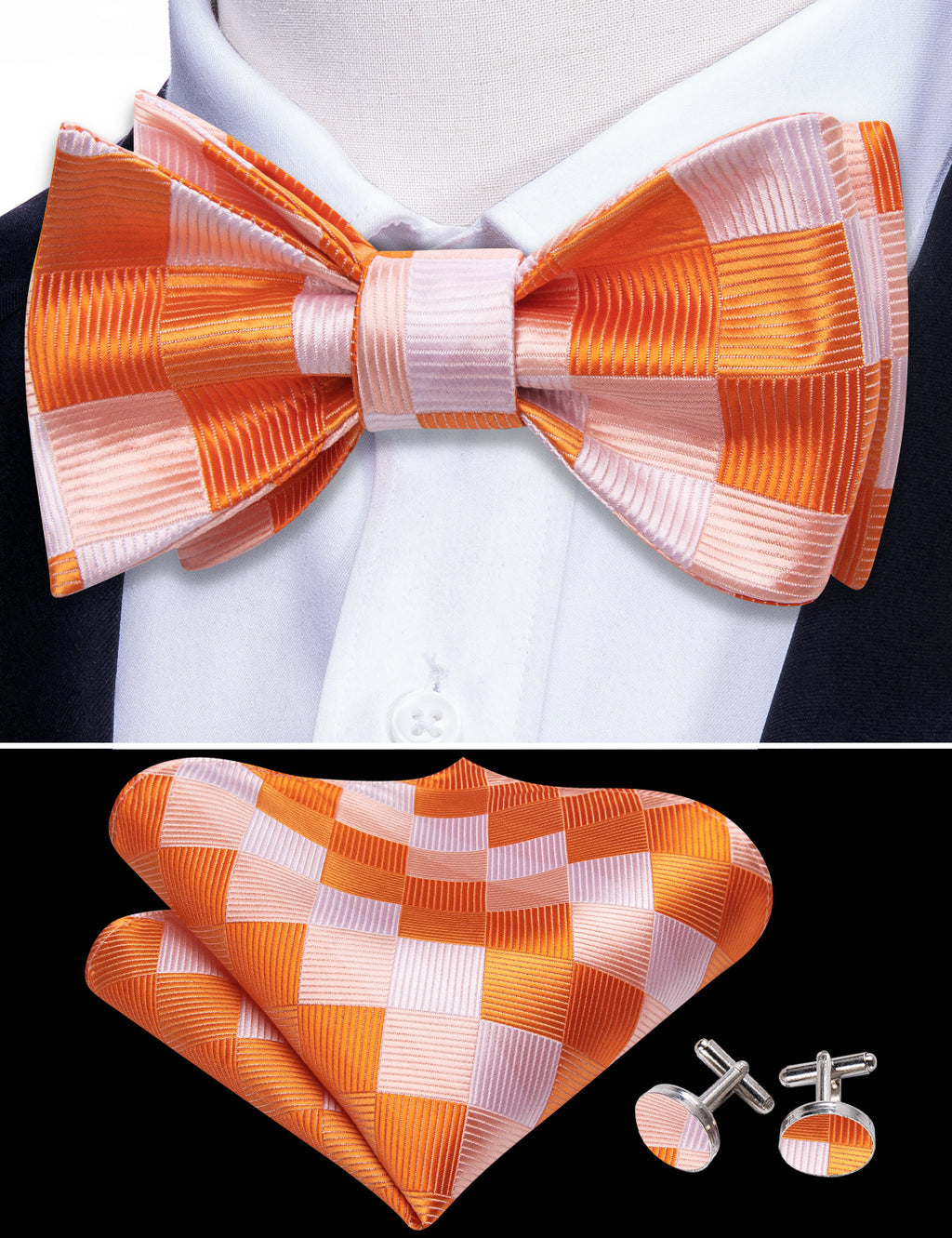 Orange White Plaid Silk Bow Tie Set bow ties    - Sophisticated Gentlemen