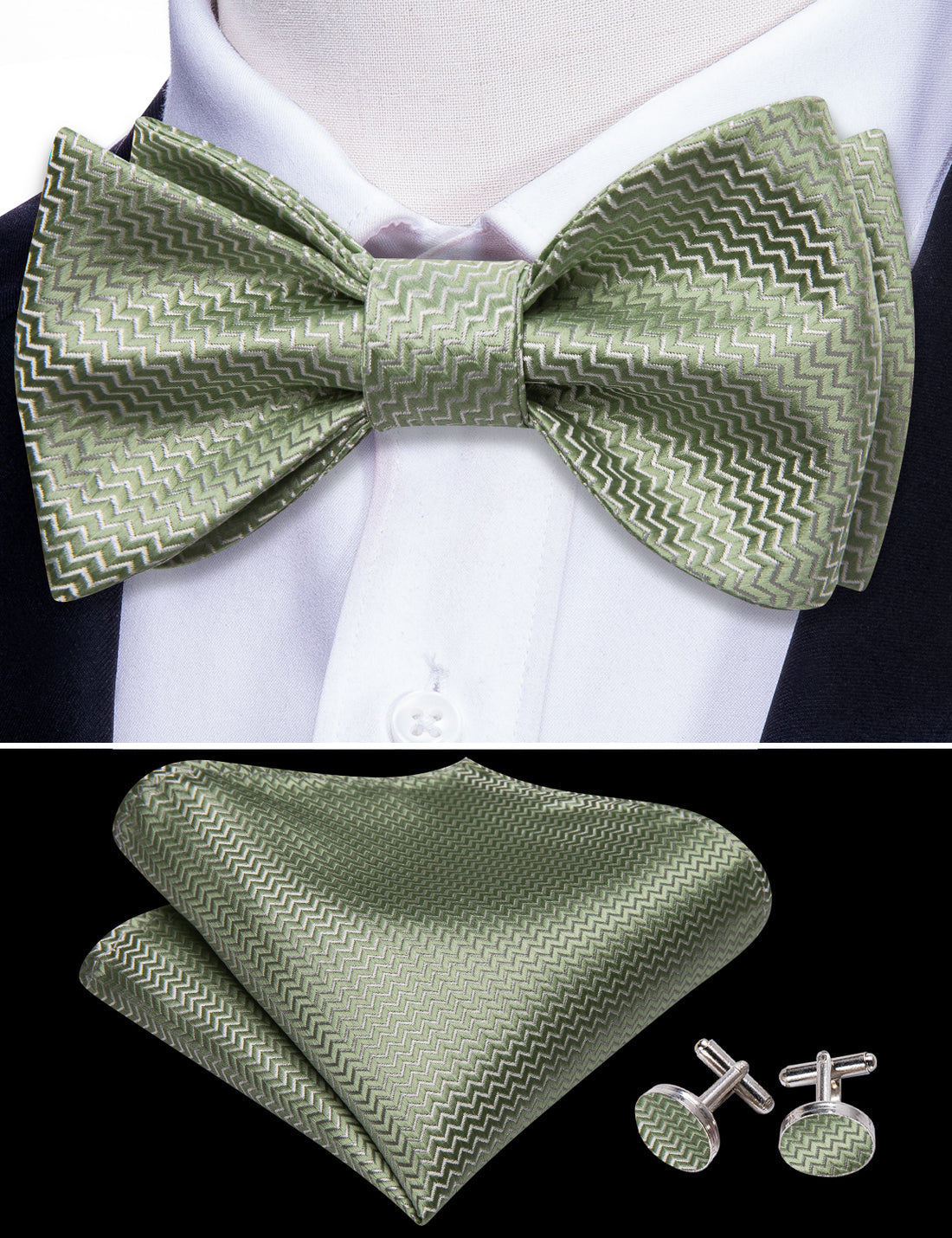 Green Striped Silk Bow Tie Set bow ties    - Sophisticated Gentlemen