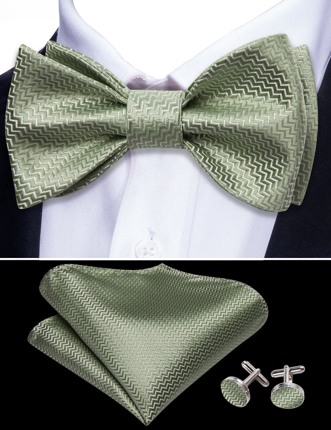 Green Striped Silk Bow Tie Set bow ties    - Sophisticated Gentlemen