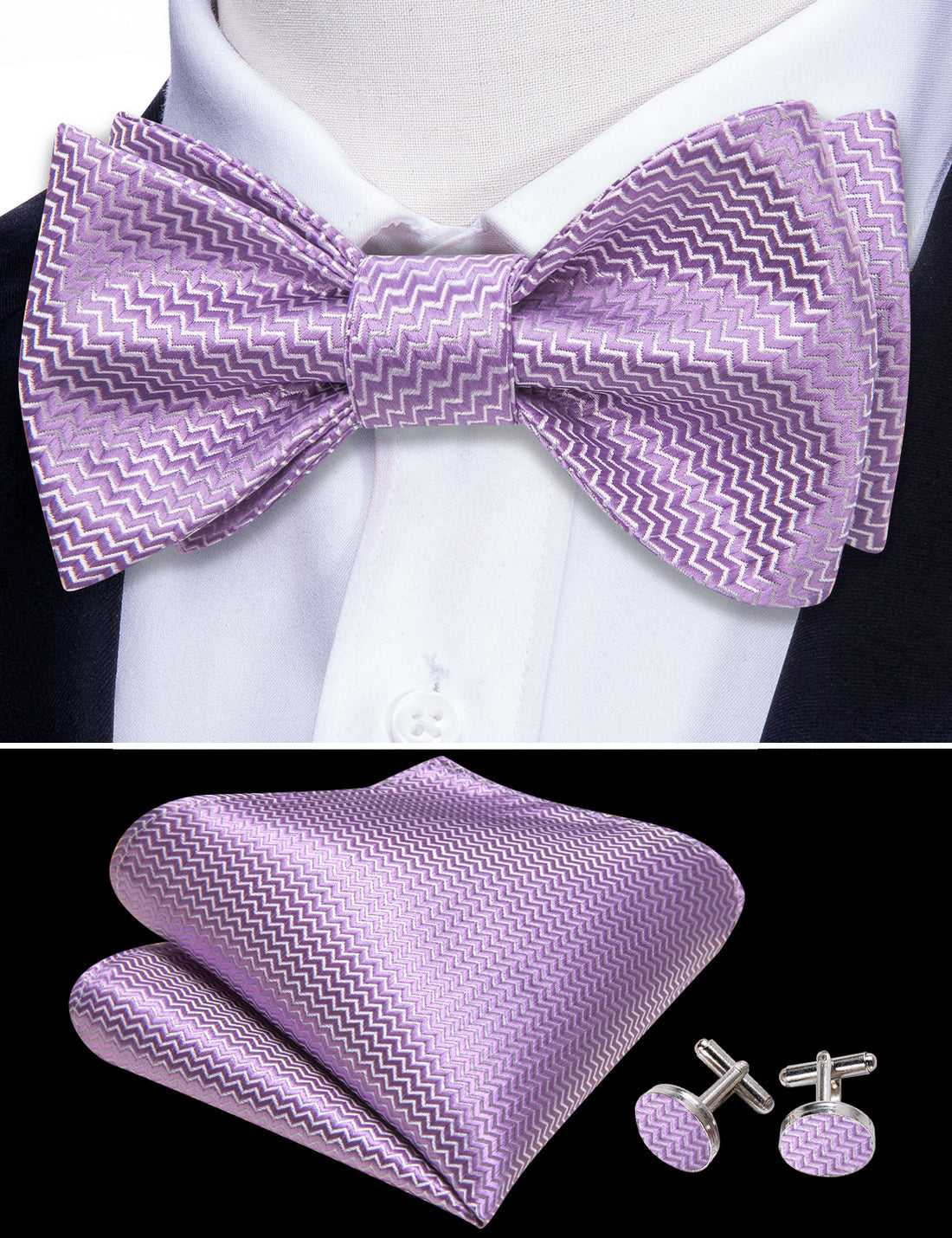 Purple White Striped Silk Bow Tie Set bow ties    - Sophisticated Gentlemen