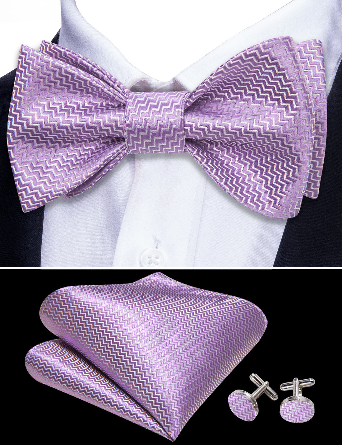 Purple White Striped Silk Bow Tie Set bow ties    - Sophisticated Gentlemen