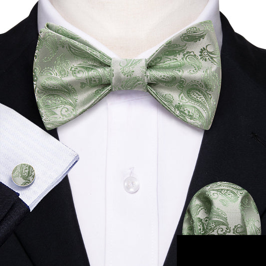 Green Silver Paisley Silk Bow Tie Set bow ties    - Sophisticated Gentlemen