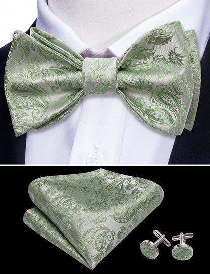 Green Silver Paisley Silk Bow Tie Set bow ties    - Sophisticated Gentlemen