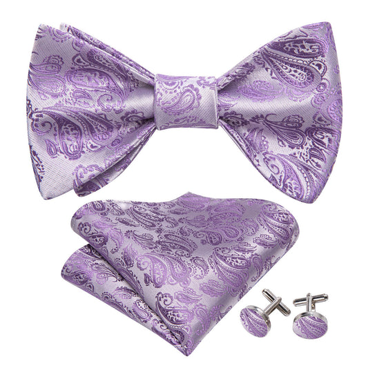 Purple Silver Paisley Silk Bow Tie Set bow ties    - Sophisticated Gentlemen