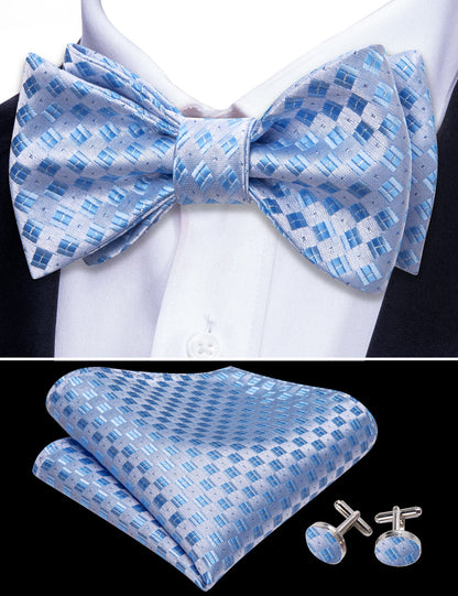 Blue White Plaid Silk Bow Tie Set bow ties    - Sophisticated Gentlemen