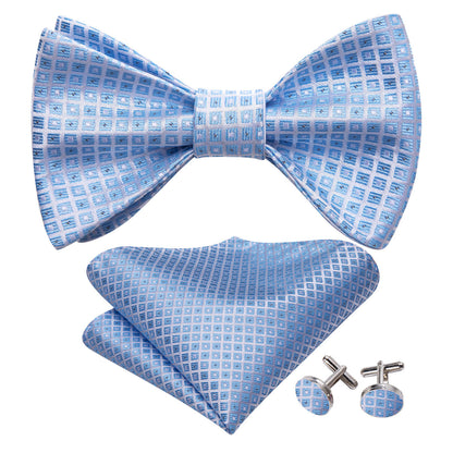 Blue Grey Plaid Silk Bow Tie Set bow ties    - Sophisticated Gentlemen